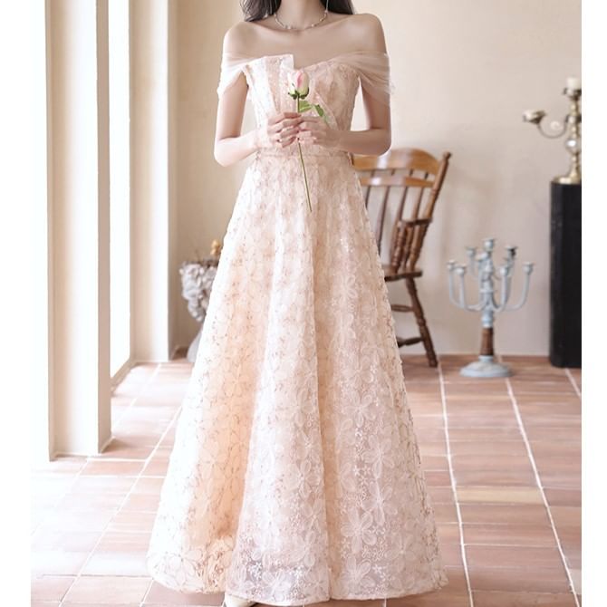 Off-The-Shoulder Floral Embroidered A-Line Evening Gown