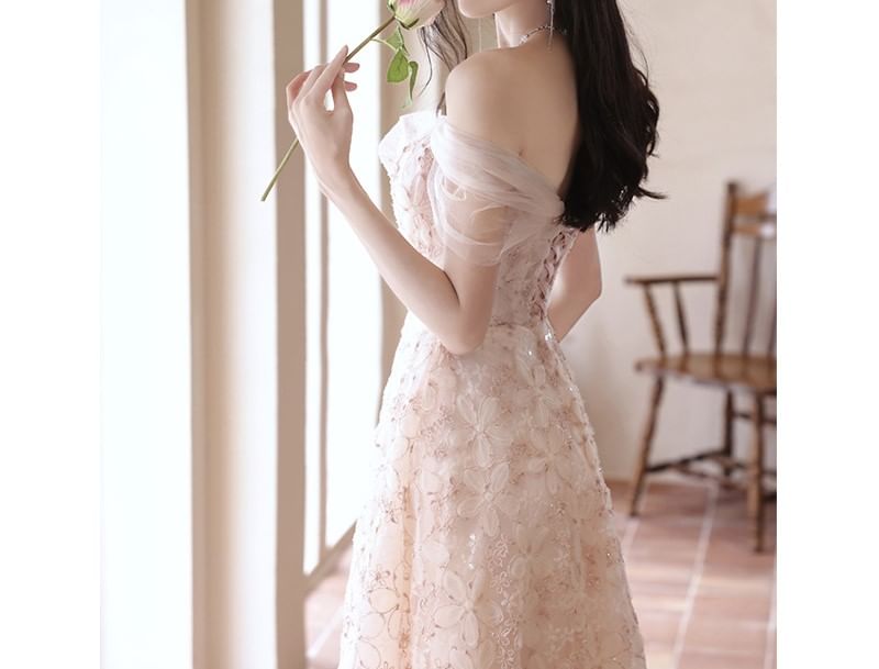 Off-The-Shoulder Floral Embroidered A-Line Evening Gown