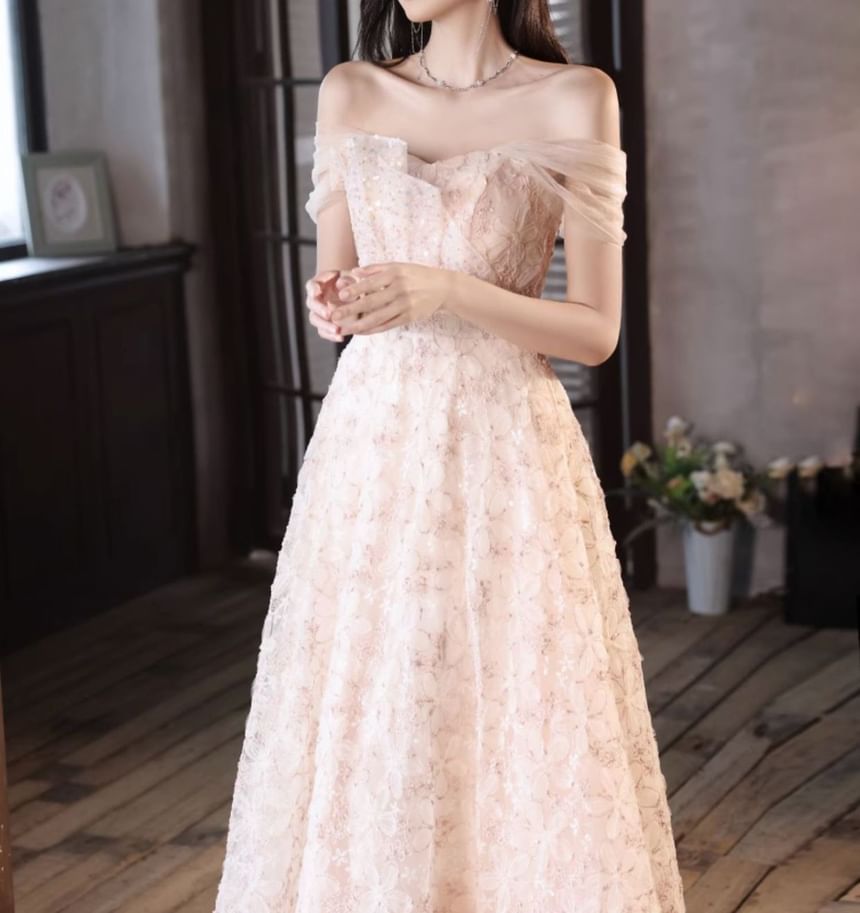 Off-The-Shoulder Floral Embroidered A-Line Evening Gown