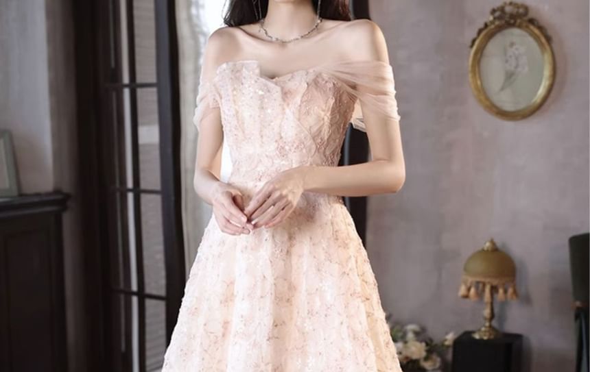Off-The-Shoulder Floral Embroidered A-Line Evening Gown