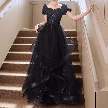 Short Sleeve Square Neck A-Line Evening Gown