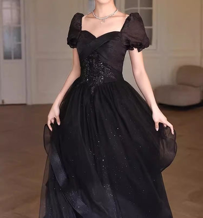 Short Sleeve Square Neck A-Line Evening Gown