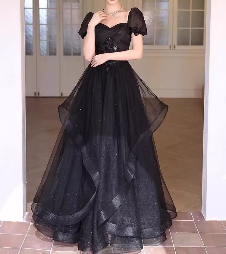 Short Sleeve Square Neck A-Line Evening Gown