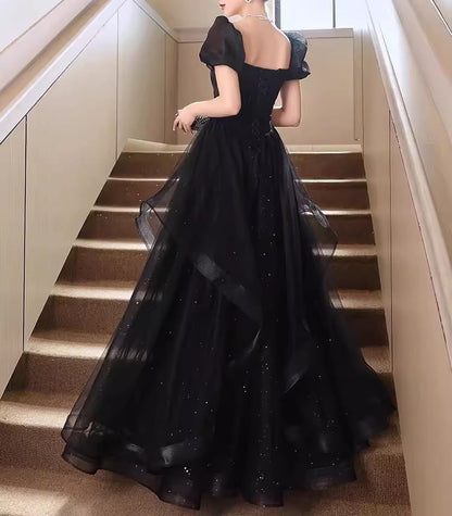 Short Sleeve Square Neck A-Line Evening Gown