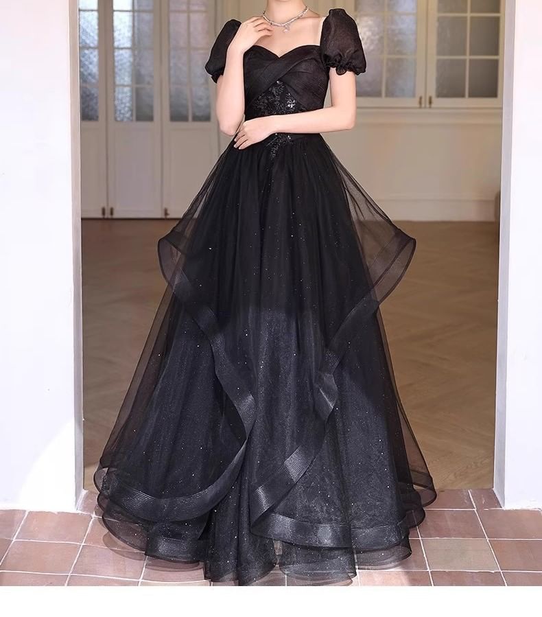 Short Sleeve Square Neck A-Line Evening Gown
