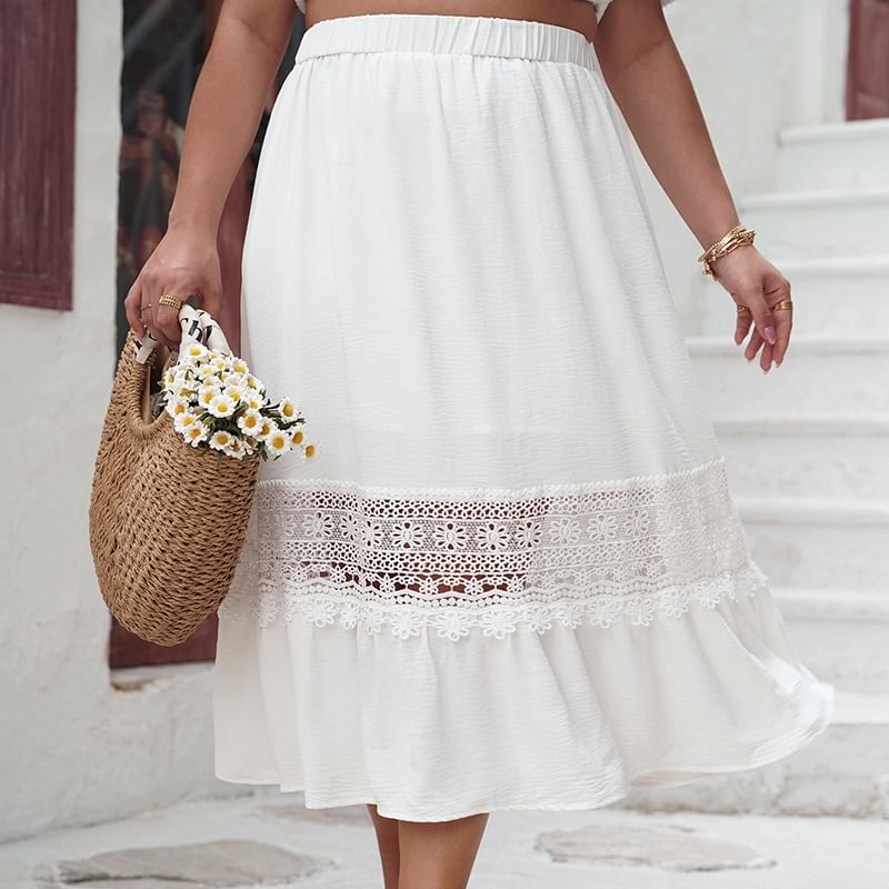 Plus Size Lace Trim Midi A-Line Skirt