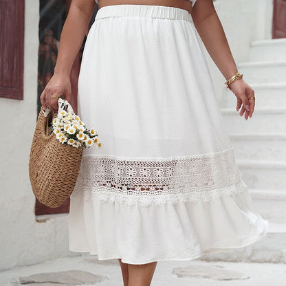 Plus Size Lace Trim Midi A-Line Skirt