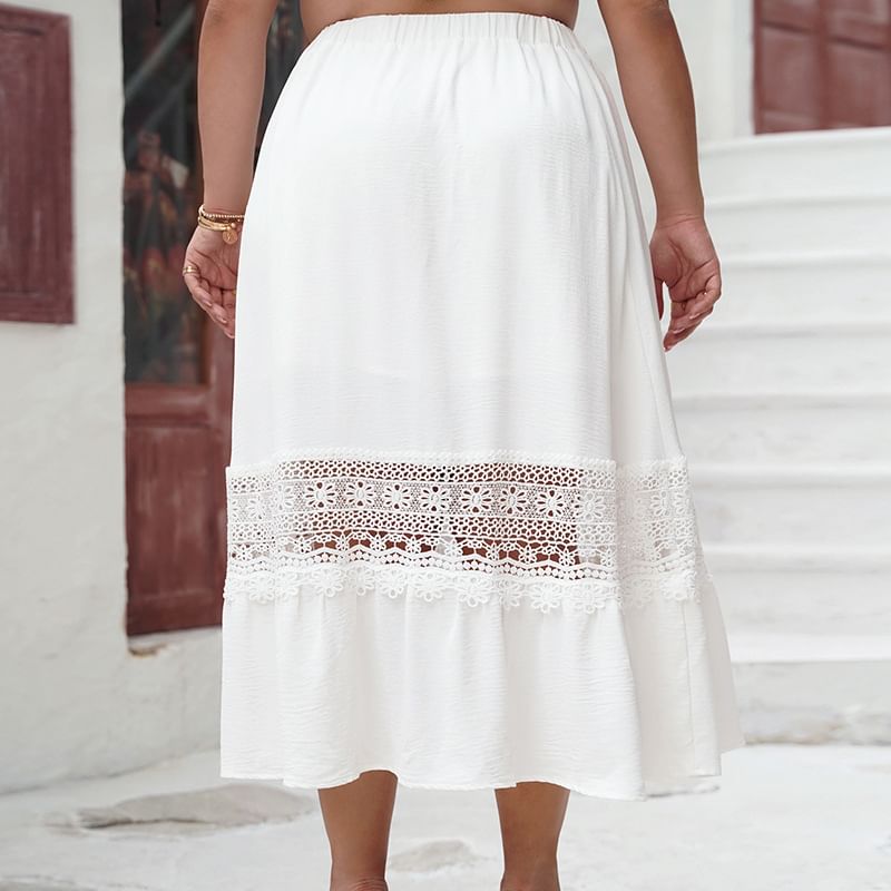 Plus Size Lace Trim Midi A-Line Skirt
