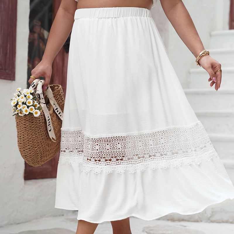 Plus Size Lace Trim Midi A-Line Skirt