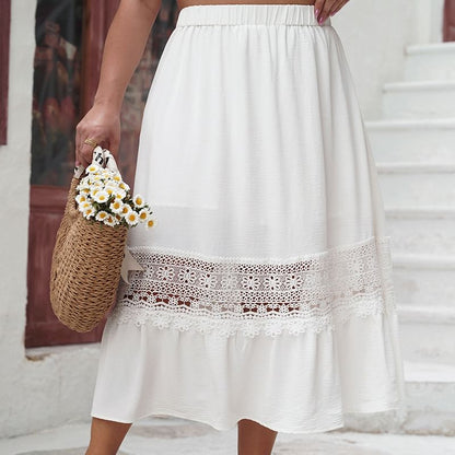 Plus Size Lace Trim Midi A-Line Skirt