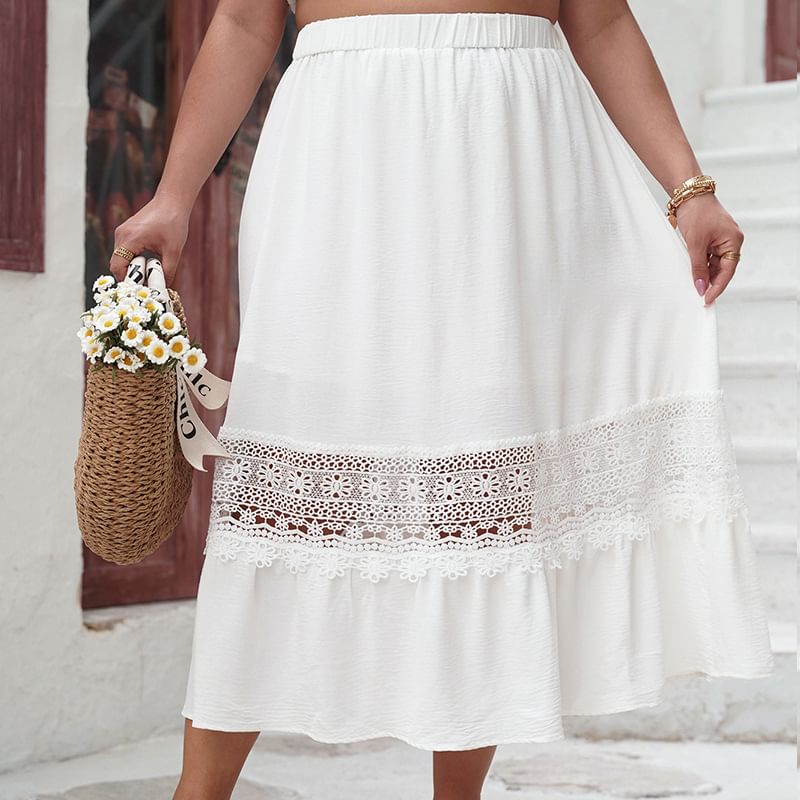 Plus Size Lace Trim Midi A-Line Skirt