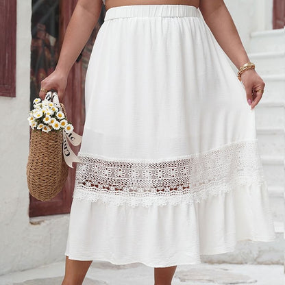 Plus Size Lace Trim Midi A-Line Skirt