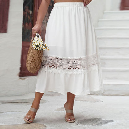 Plus Size Lace Trim Midi A-Line Skirt