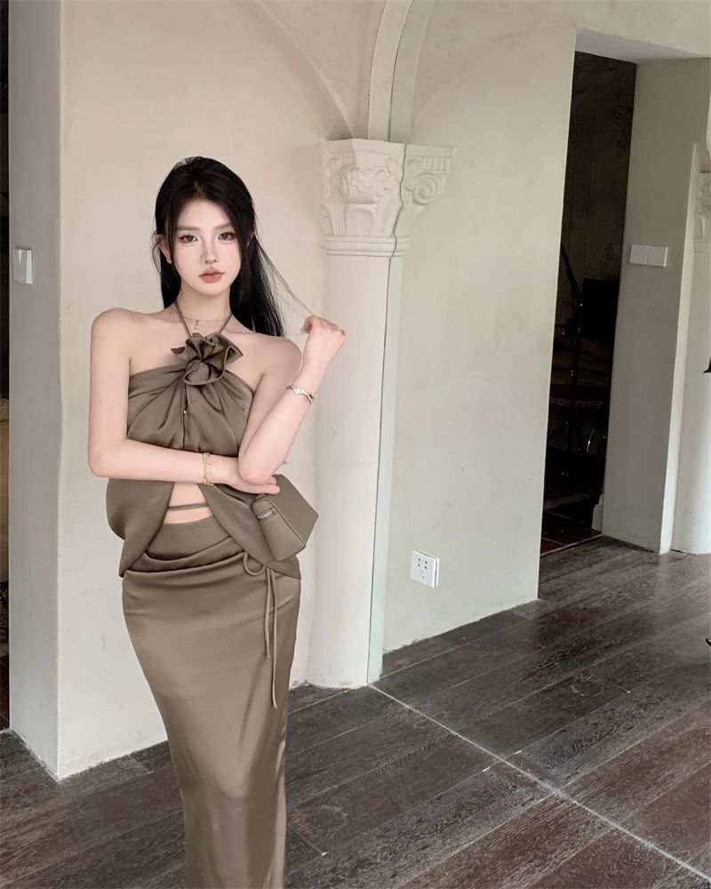 Front-Slit Halter Top with High-Rise Maxi Pencil Skirt