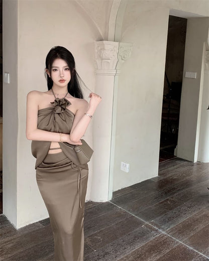 Front-Slit Halter Top with High-Rise Maxi Pencil Skirt