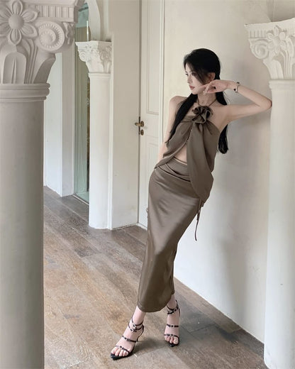 Front-Slit Halter Top with High-Rise Maxi Pencil Skirt