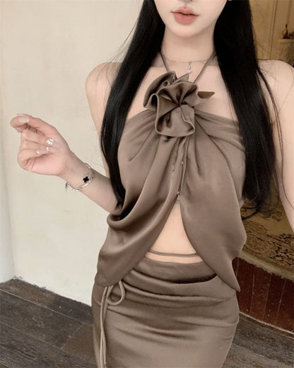 Front-Slit Halter Top with High-Rise Maxi Pencil Skirt