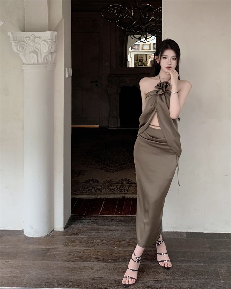 Front-Slit Halter Top with High-Rise Maxi Pencil Skirt