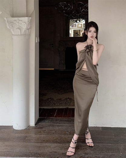 Front-Slit Halter Top with High-Rise Maxi Pencil Skirt