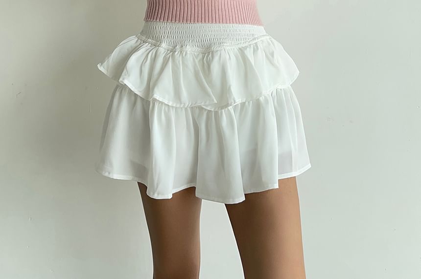 Smocked High-Waist Layered Mini Skirt