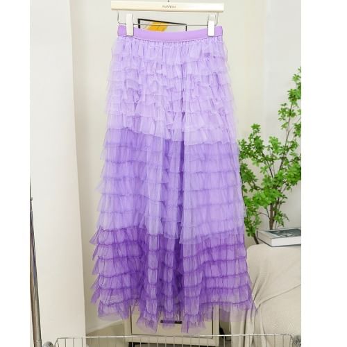 Color Block Ruffle Tiered Maxi Skirt with High Waist