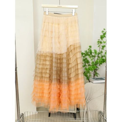Color Block Ruffle Tiered Maxi Skirt with High Waist