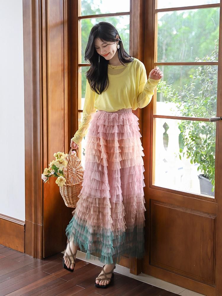 Color Block Ruffle Tiered Maxi Skirt with High Waist