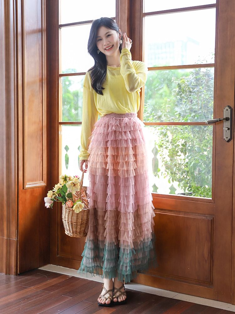 Color Block Ruffle Tiered Maxi Skirt with High Waist