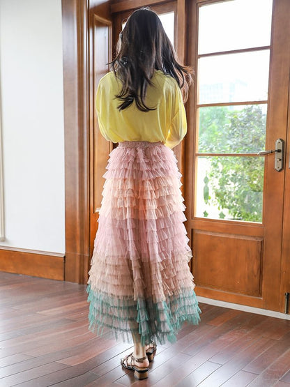 Color Block Ruffle Tiered Maxi Skirt with High Waist