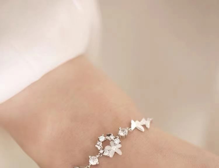 Sterling Silver Rhinestone Floral Bracelet