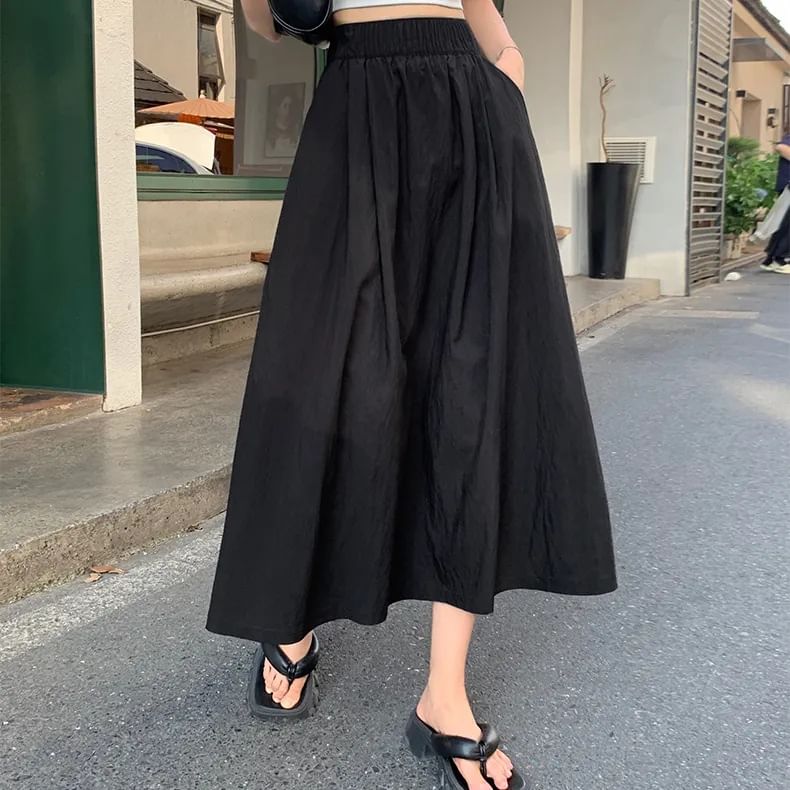 High-Rise Ruched Midi A-Line Skirt