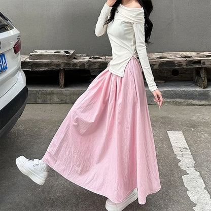 High-Rise Ruched Midi A-Line Skirt