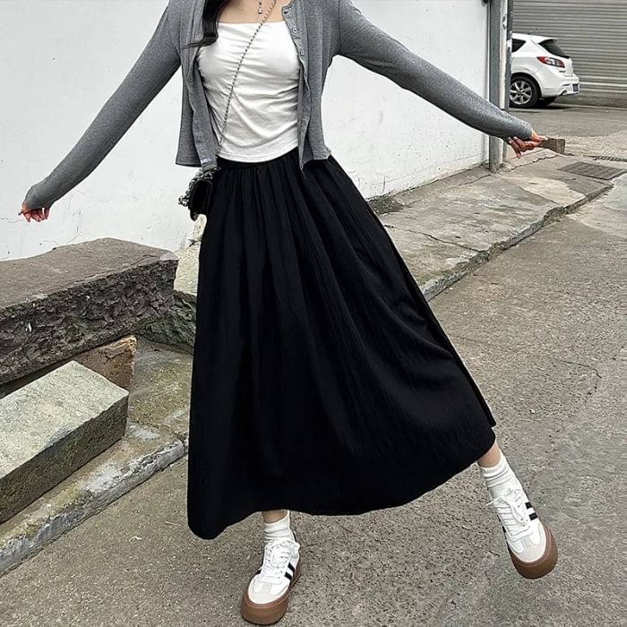 High-Rise Ruched Midi A-Line Skirt