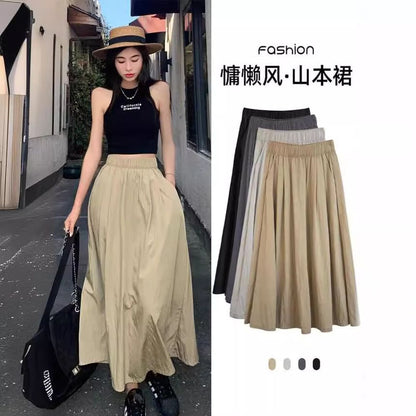 Elevated Waist Ruched Midi Flared Skirt with Plain Finish