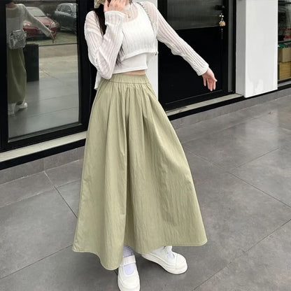 Elevated Waist Ruched Midi Flared Skirt with Plain Finish