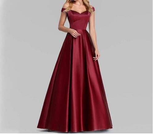 Off Shoulder Short Sleeve V Neck Satin A-Line Evening Gown
