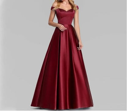 Off Shoulder Short Sleeve V Neck Satin A-Line Evening Gown