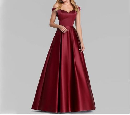 Off Shoulder Short Sleeve V Neck Satin A-Line Evening Gown