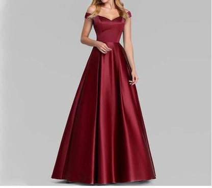 Off Shoulder Short Sleeve V Neck Satin A-Line Evening Gown