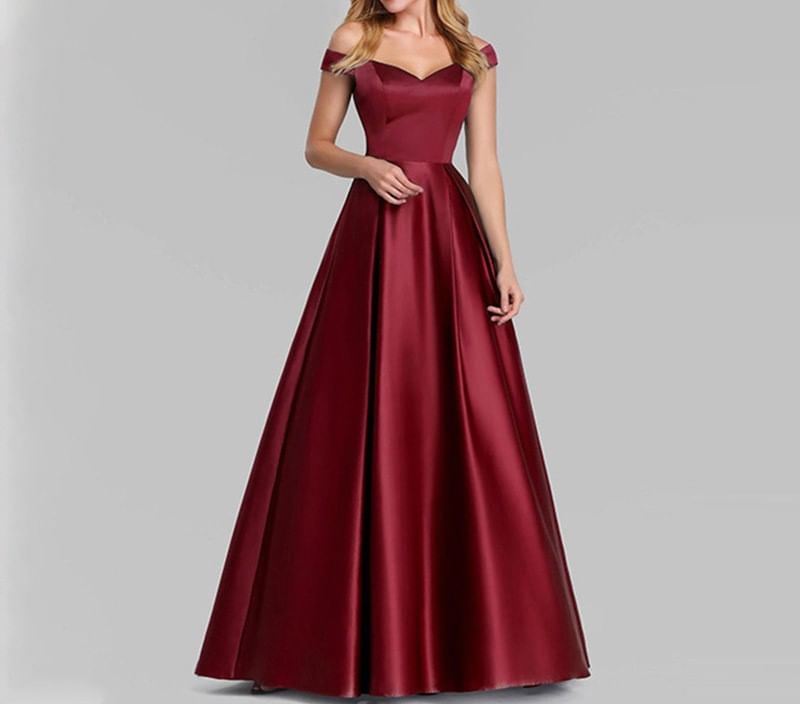 Off Shoulder Short Sleeve V Neck Satin A-Line Evening Gown