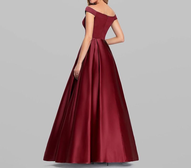 Off Shoulder Short Sleeve V Neck Satin A-Line Evening Gown