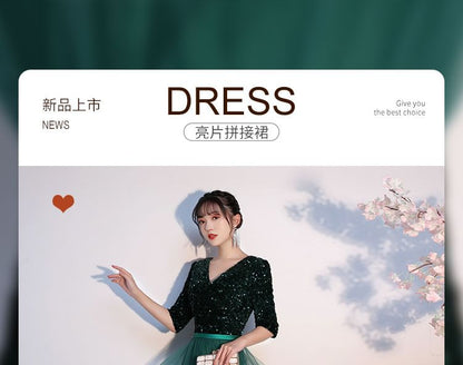 Evening Gown A-Line V-Neck Sequin Elbow-Sleeve