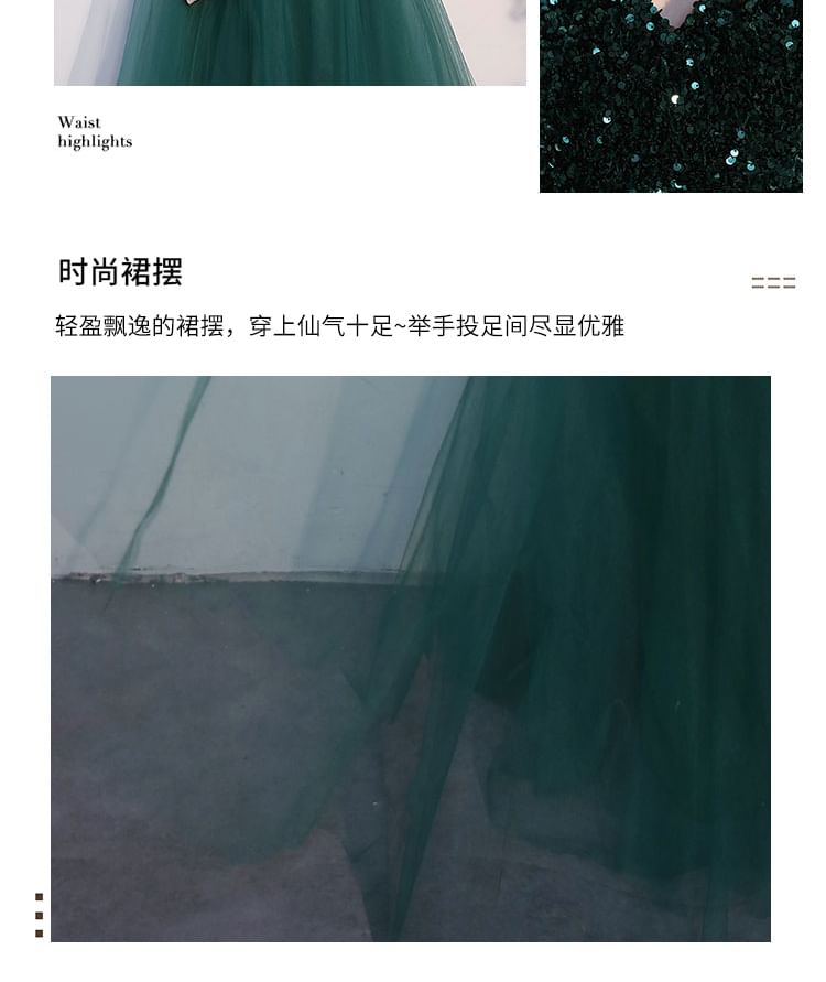 Evening Gown A-Line V-Neck Sequin Elbow-Sleeve