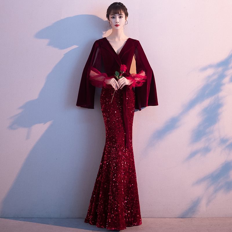 Evening Maxi Mermaid Gown Flared-Sleeve Sequin