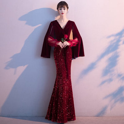 Evening Gown Mermaid Flared-Sleeve Sequin Maxi