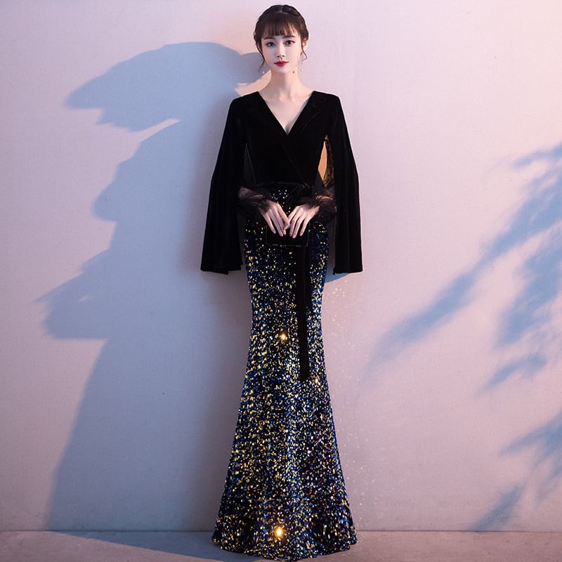 Evening Maxi Mermaid Gown Flared-Sleeve Sequin