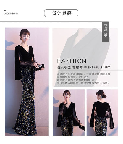 Evening Maxi Mermaid Gown Flared-Sleeve Sequin