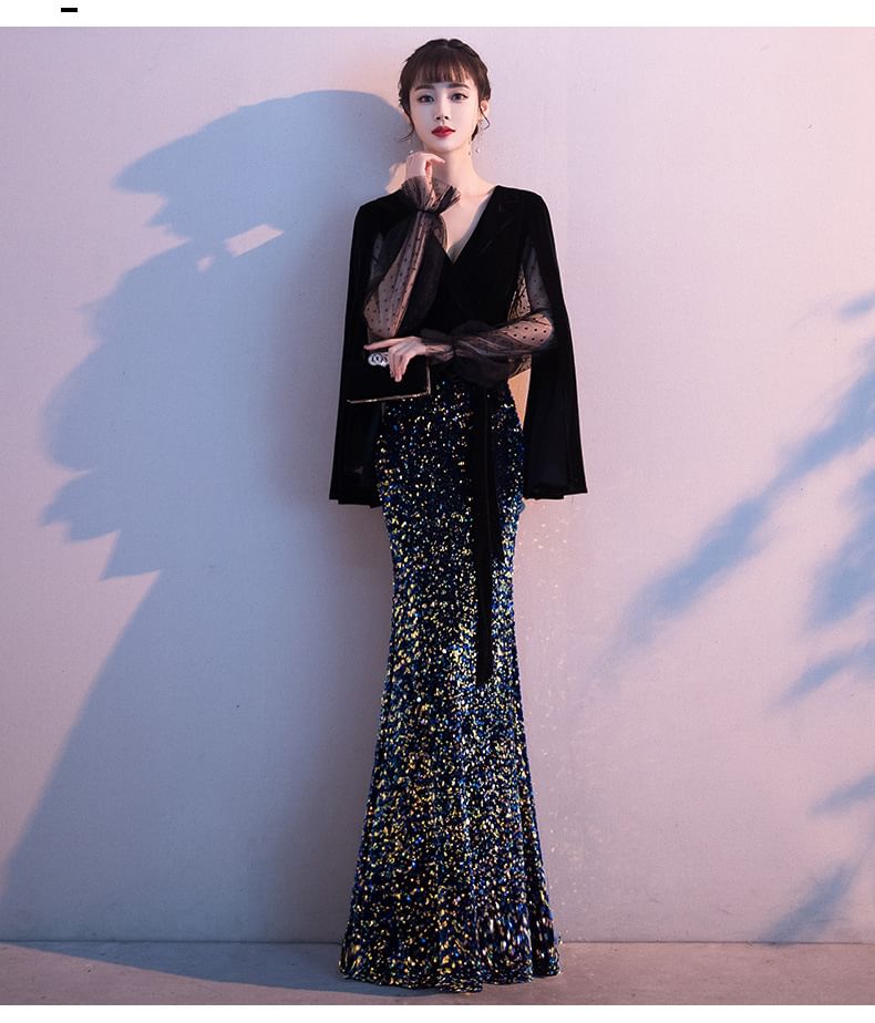 Evening Maxi Mermaid Gown Flared-Sleeve Sequin