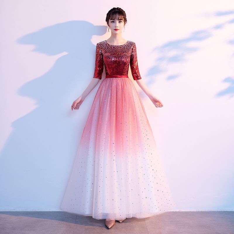 Gown Gradient A-Line Elbow-Sleeve Evening Sequin