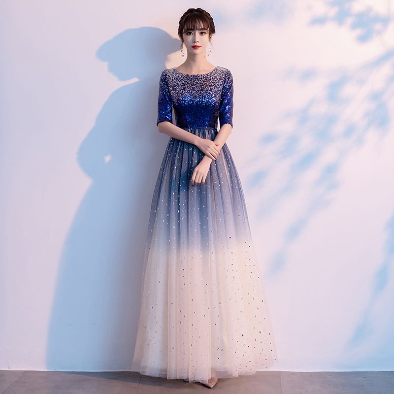 Gown Gradient A-Line Elbow-Sleeve Evening Sequin